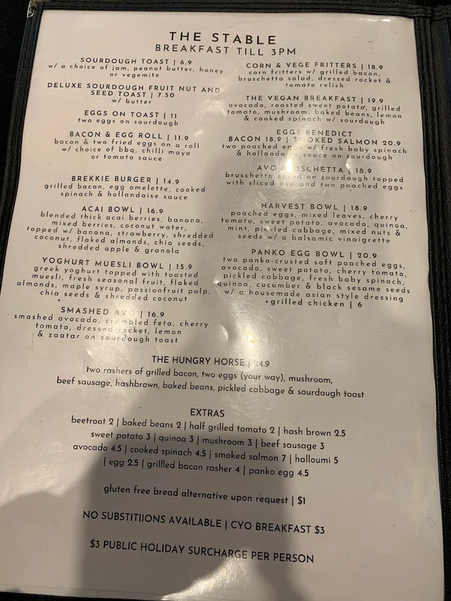 Menu, The Stable Cafe