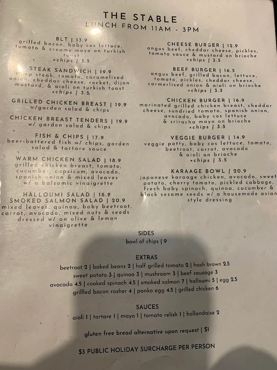 Menu, The Stable Cafe