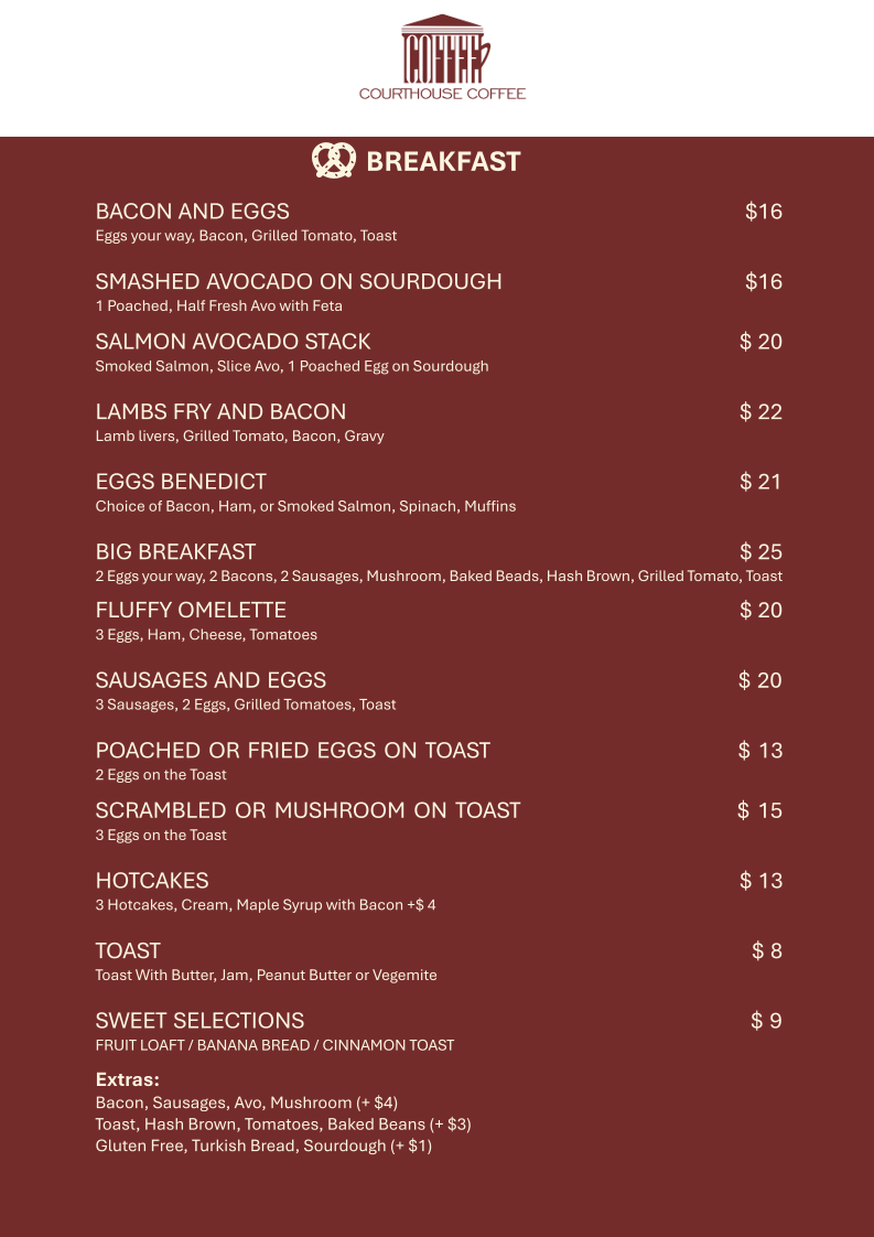Menu, Courthouse Coffee