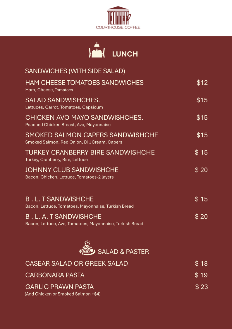 Menu, Courthouse Coffee