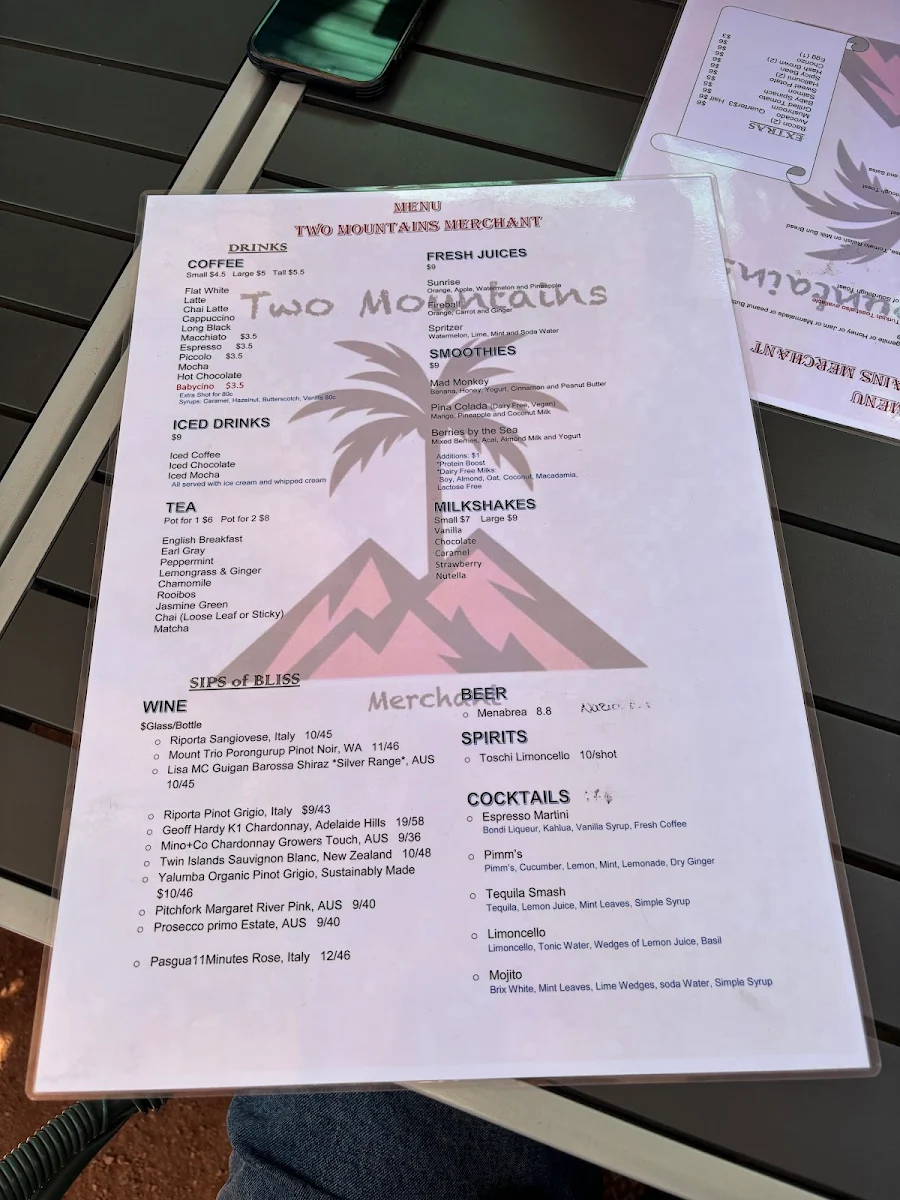 Menu, Two Mountains Merchant