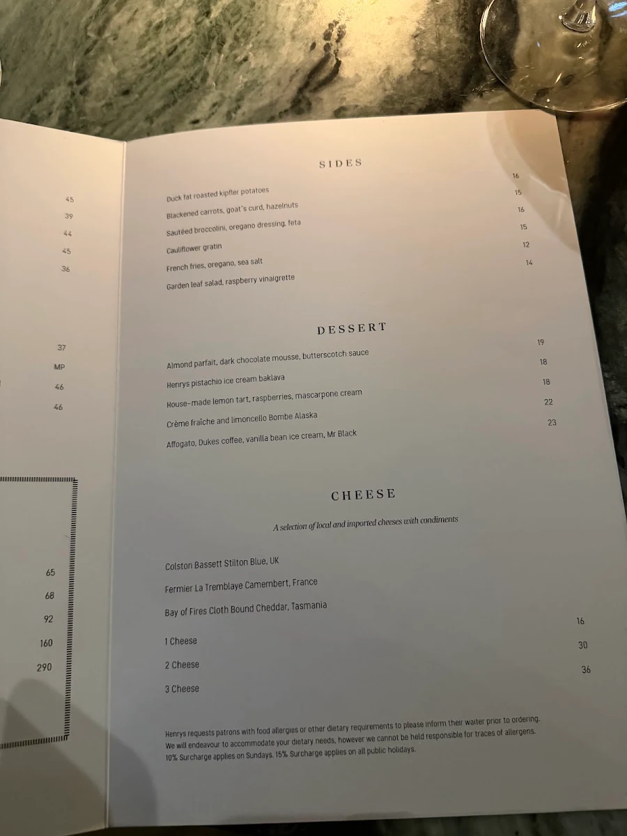 Menu, Henrys