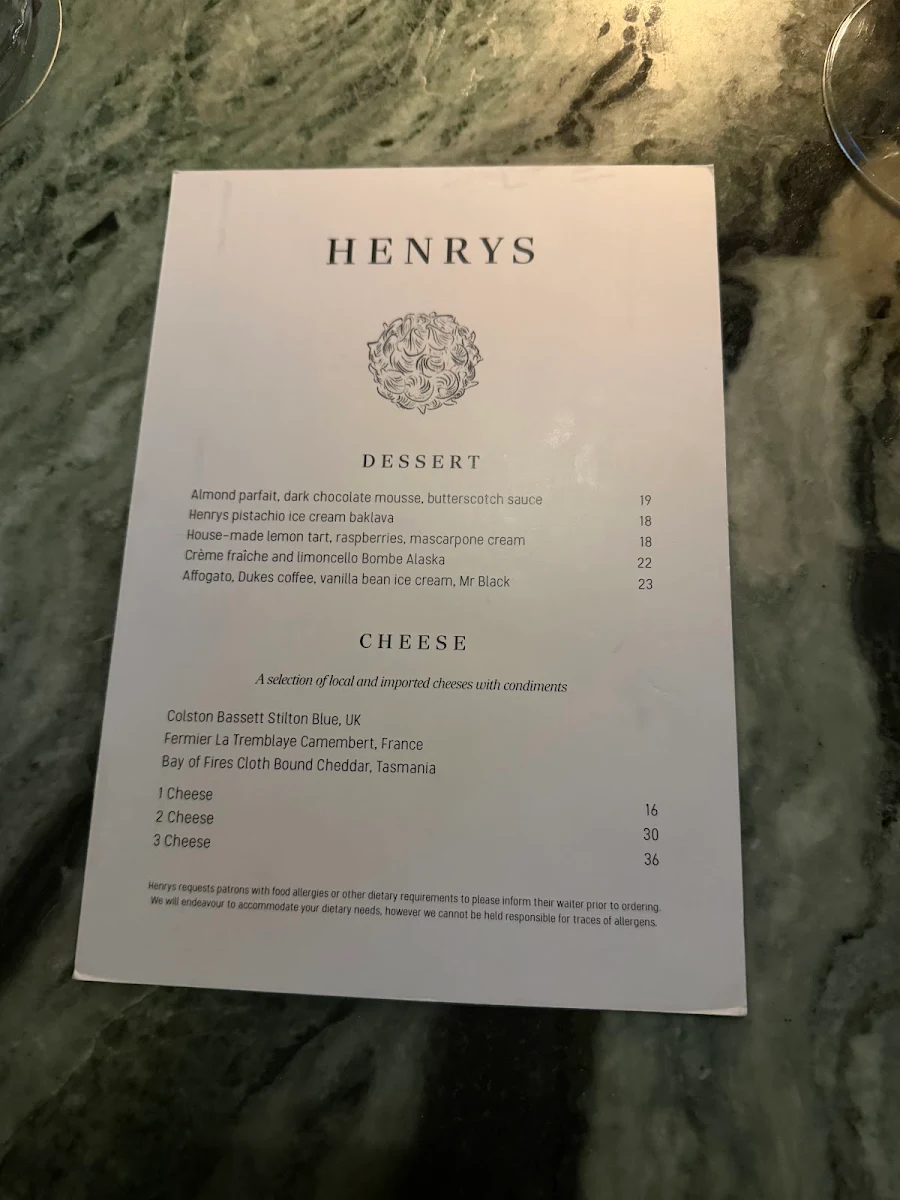 Menu, Henrys