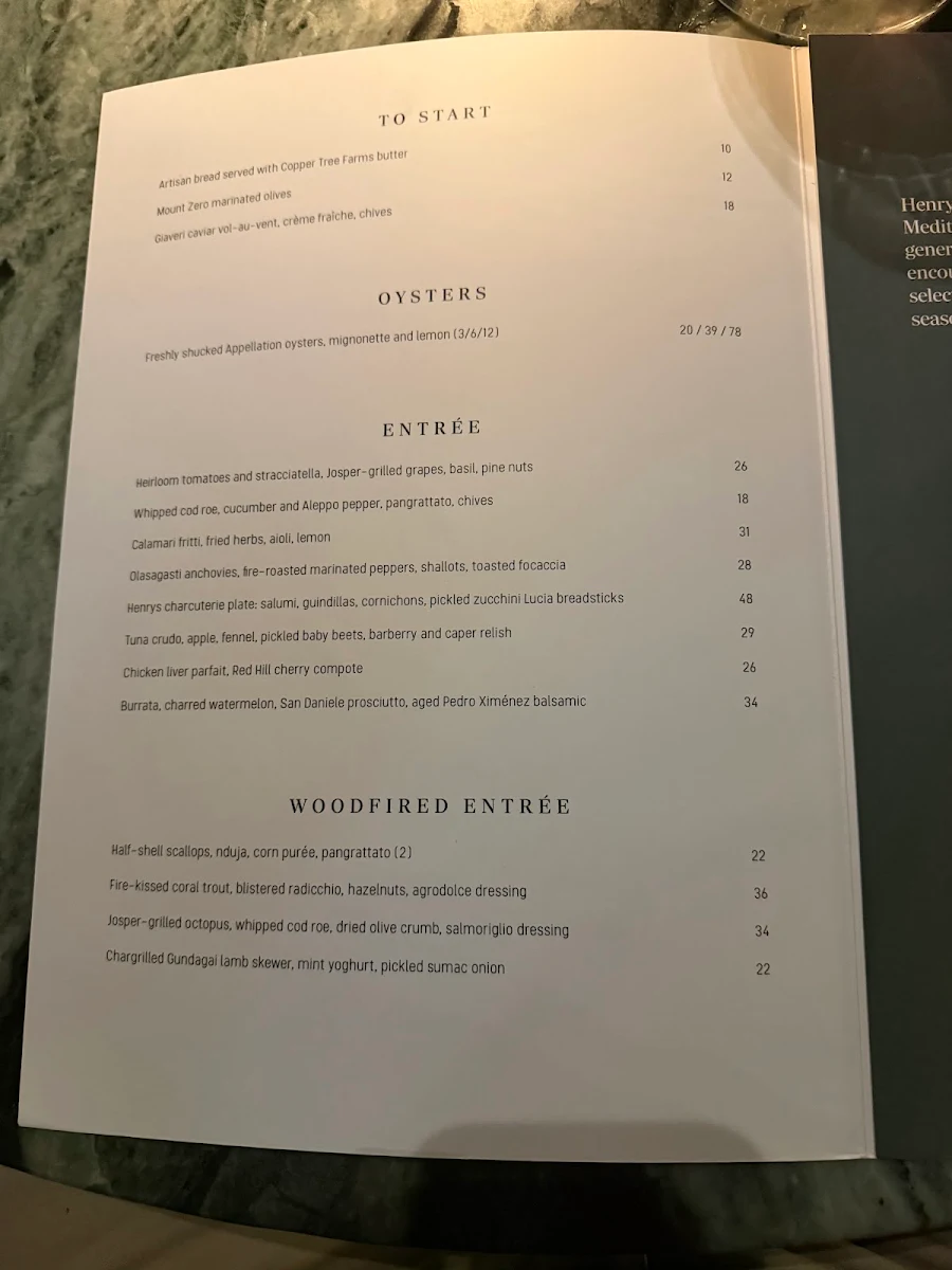 Menu, Henrys