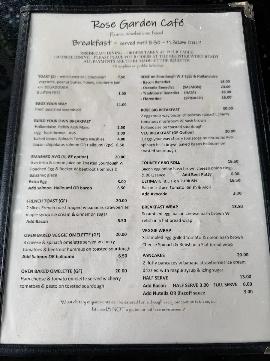 Menu, Rose Garden Cafe