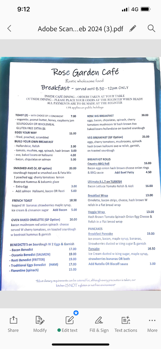 Menu, Rose Garden Cafe
