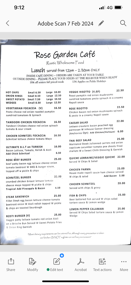 Menu, Rose Garden Cafe