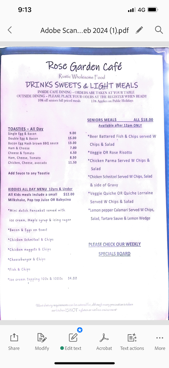 Menu, Rose Garden Cafe