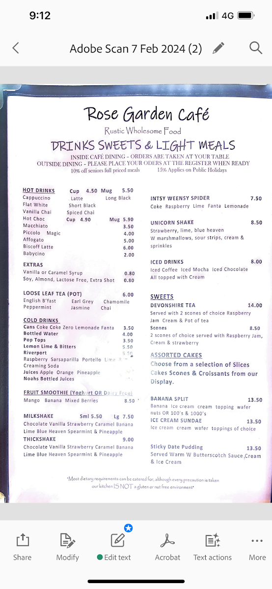 Menu, Rose Garden Cafe