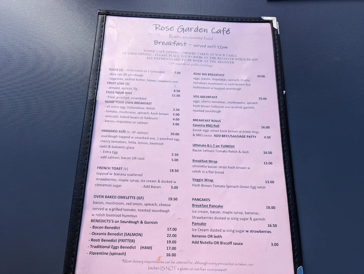 Menu, Rose Garden Cafe