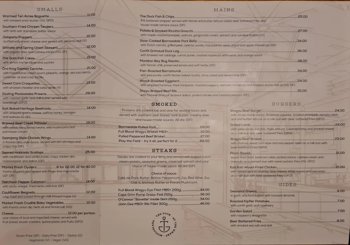 Menu, The Dock Mooloolaba
