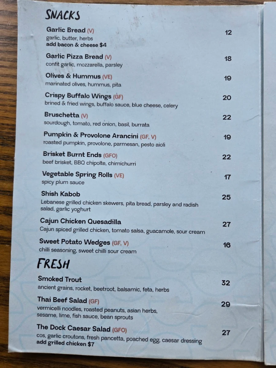 Menu, The Dock Mooloolaba