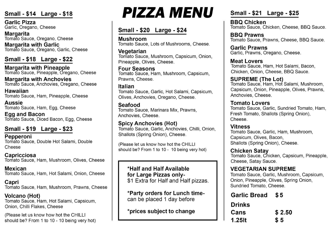 Menu, Midland Pizza Heathcote