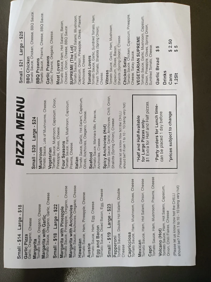 Menu, Midland Pizza Heathcote