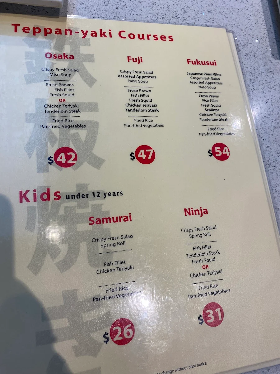 Menu, Fukusui Japanese Restaurant