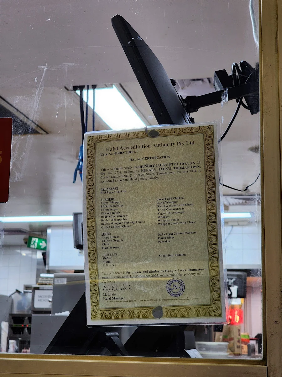 Menu, Hungry Jack's Burgers Thomastown