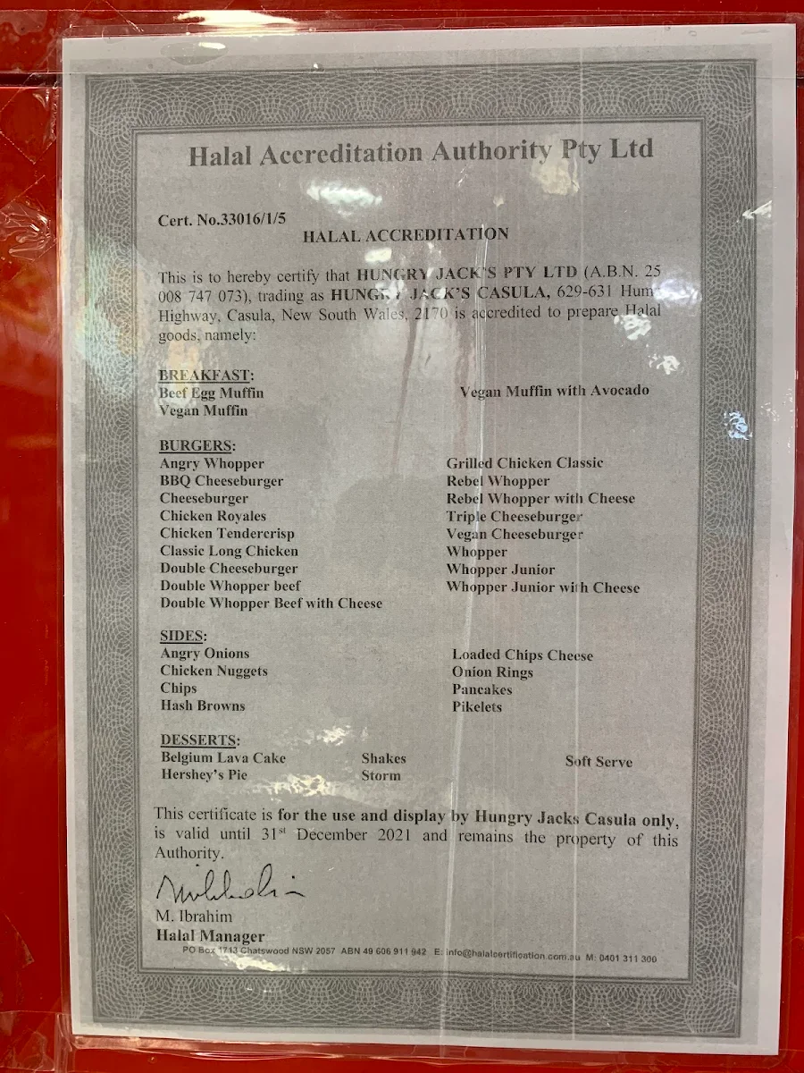 Menu, Hungry Jack's Burgers Thomastown
