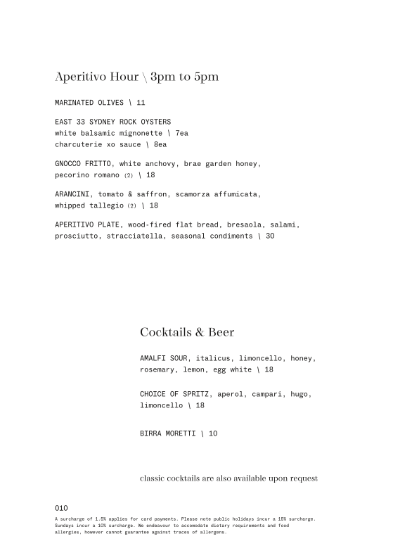 Menu, Lunetta Trattoria