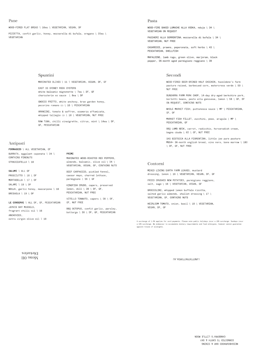 Menu, Lunetta Trattoria