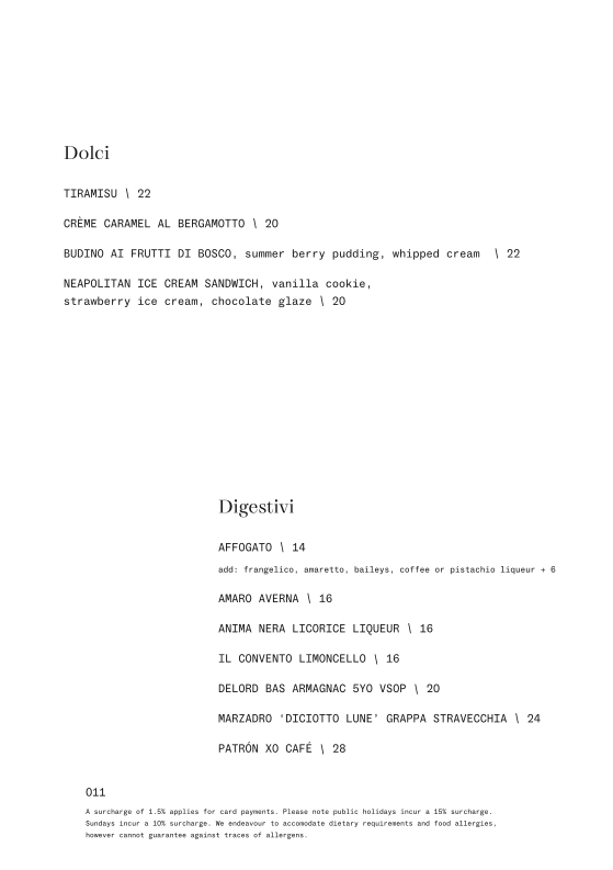 Menu, Lunetta Trattoria