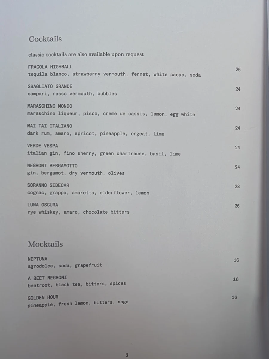 Menu, Lunetta Trattoria