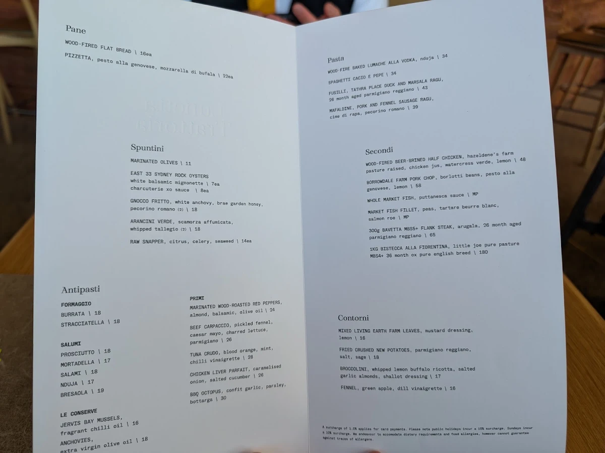 Menu, Lunetta Trattoria