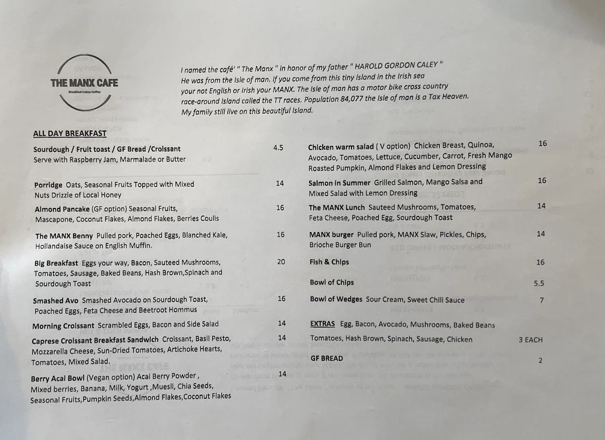 Menu, Manx Cafe