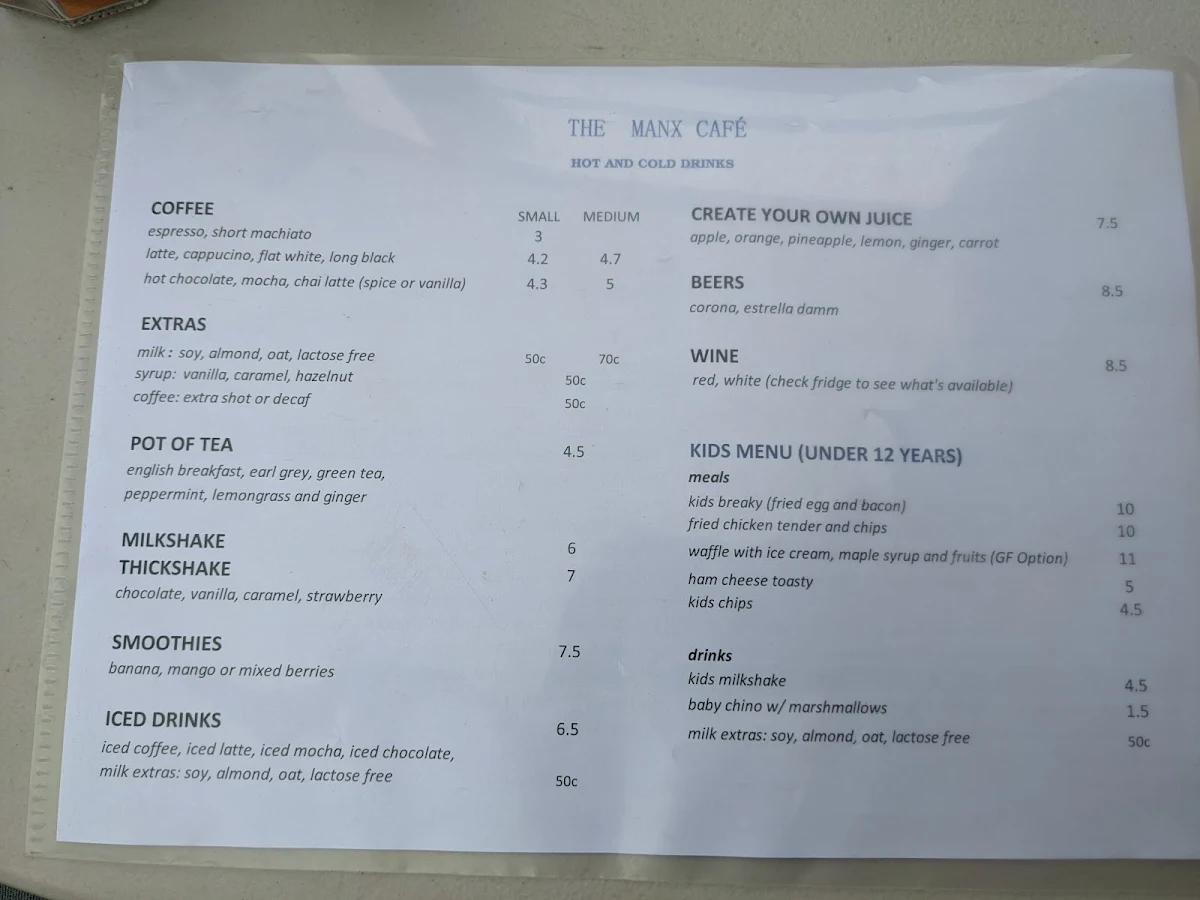 Menu, Manx Cafe