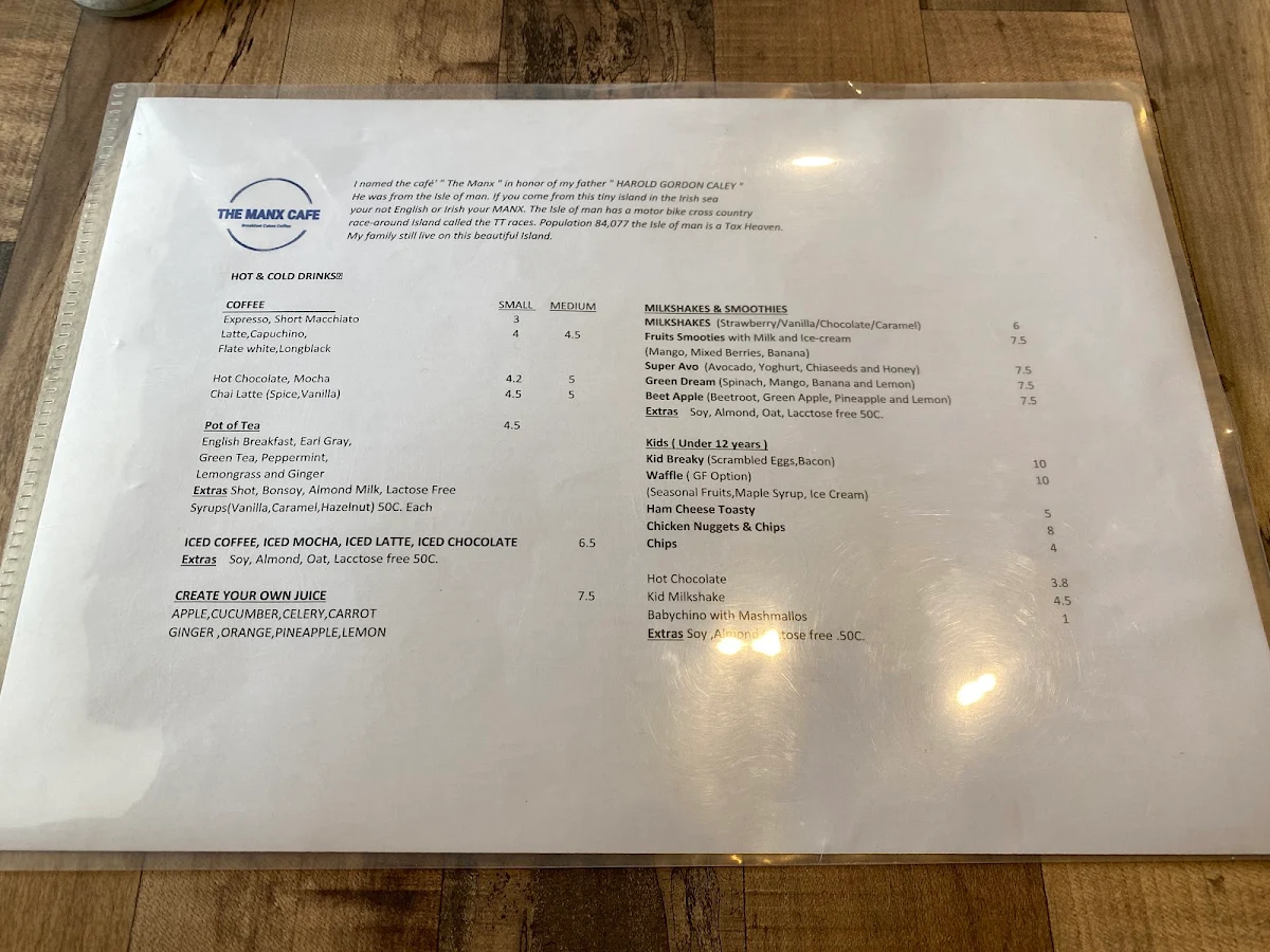 Menu, Manx Cafe
