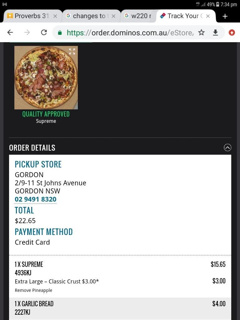 Menu, Domino's Pizza Gordon