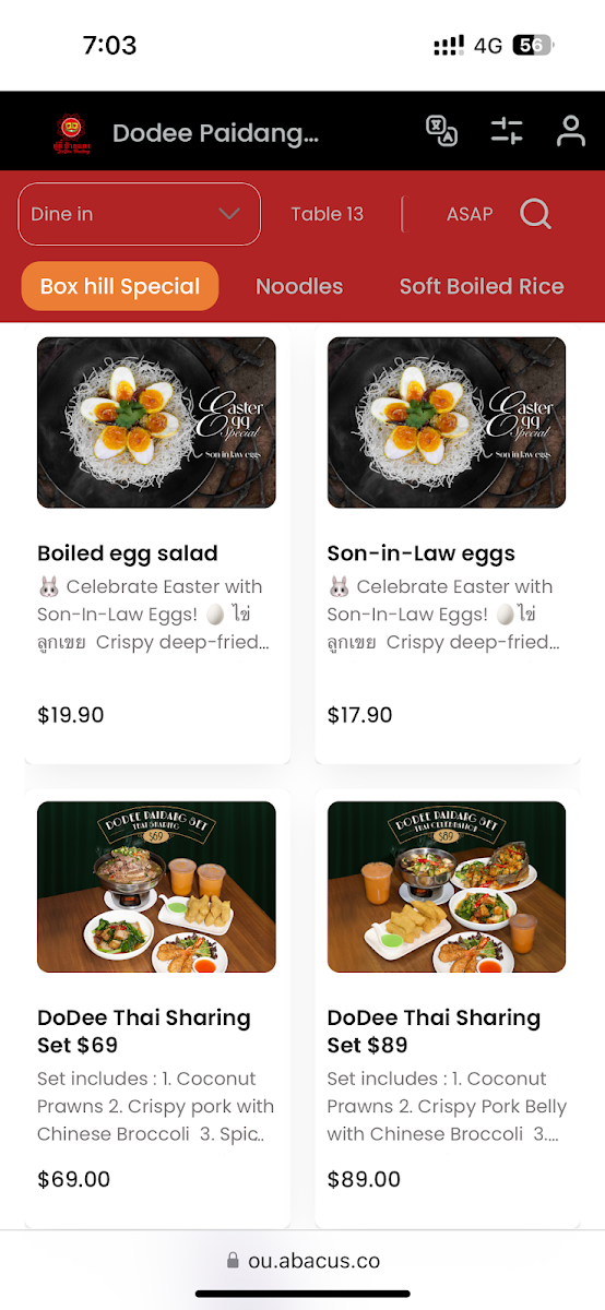 Menu, Dodee Paidang Box Hill