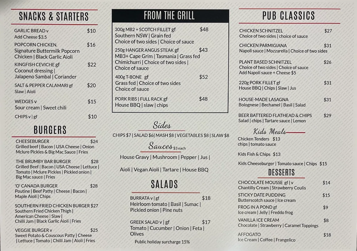 Menu, Brumby Bar & Grill
