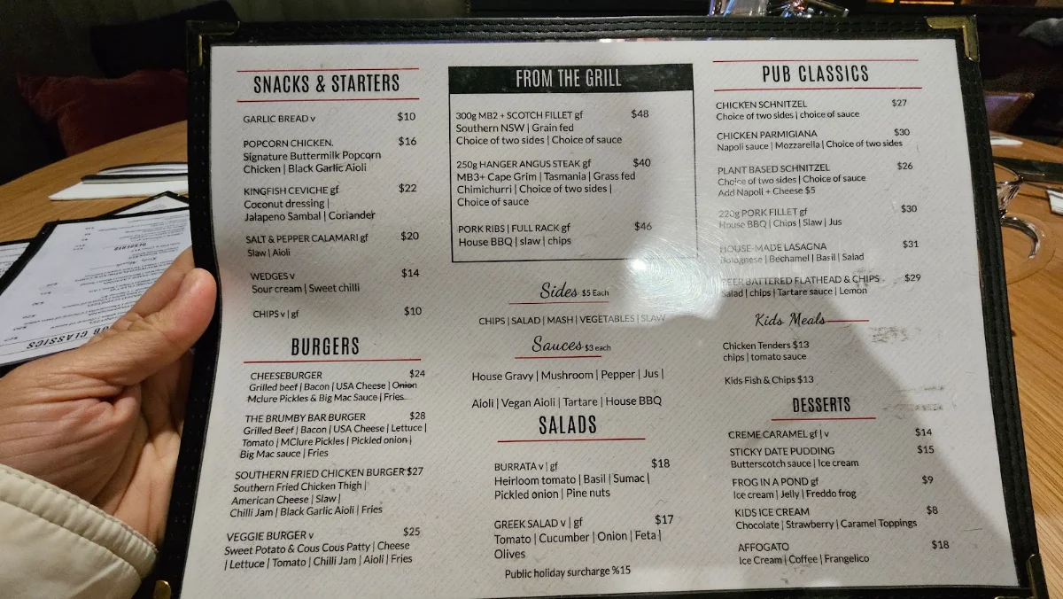 Menu, Brumby Bar & Grill