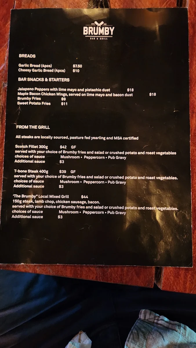 Menu, Brumby Bar & Grill