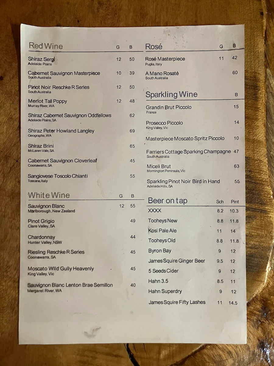 Menu, Brumby Bar & Grill