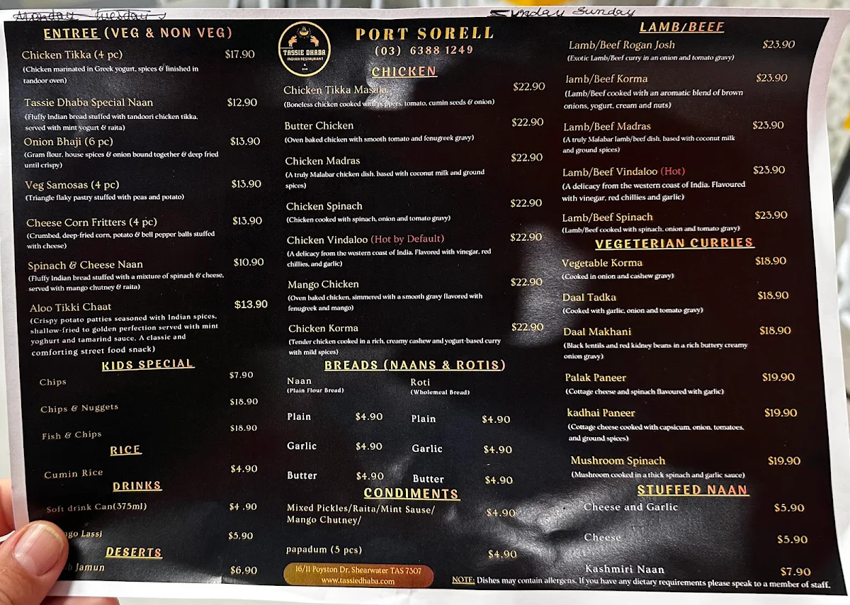 Menu, Tassie Dhaba Restaurant & Bar Port Sorell