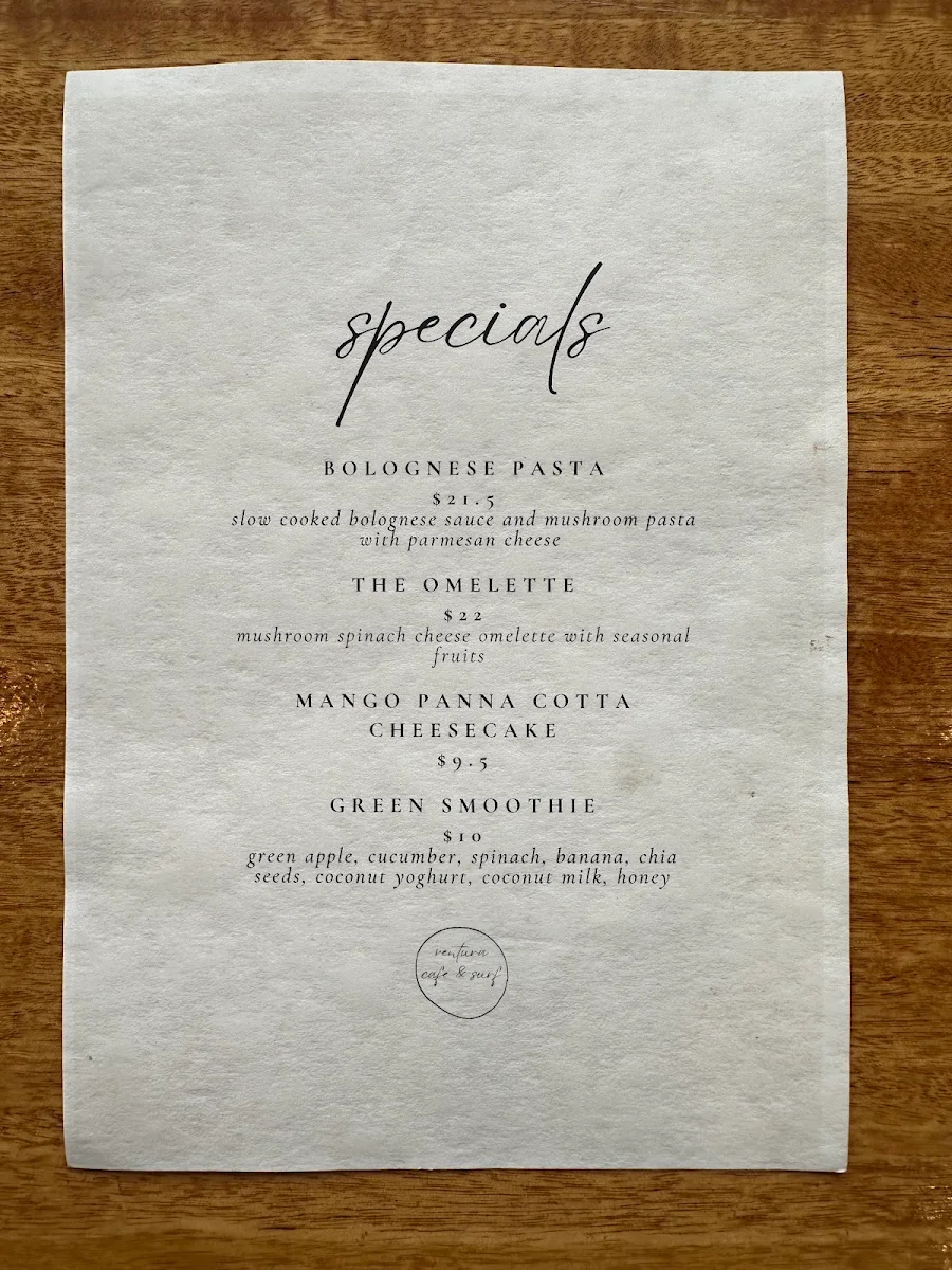 Menu, Ventura Cafe & Surf
