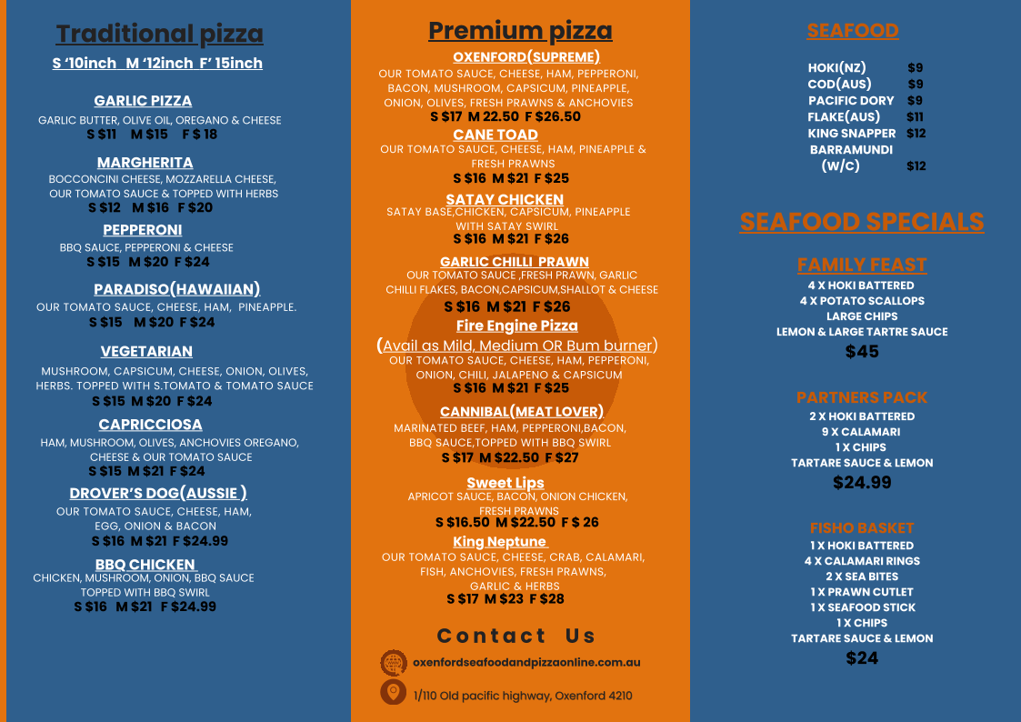Menu, Oxenford Seafood & Pizza