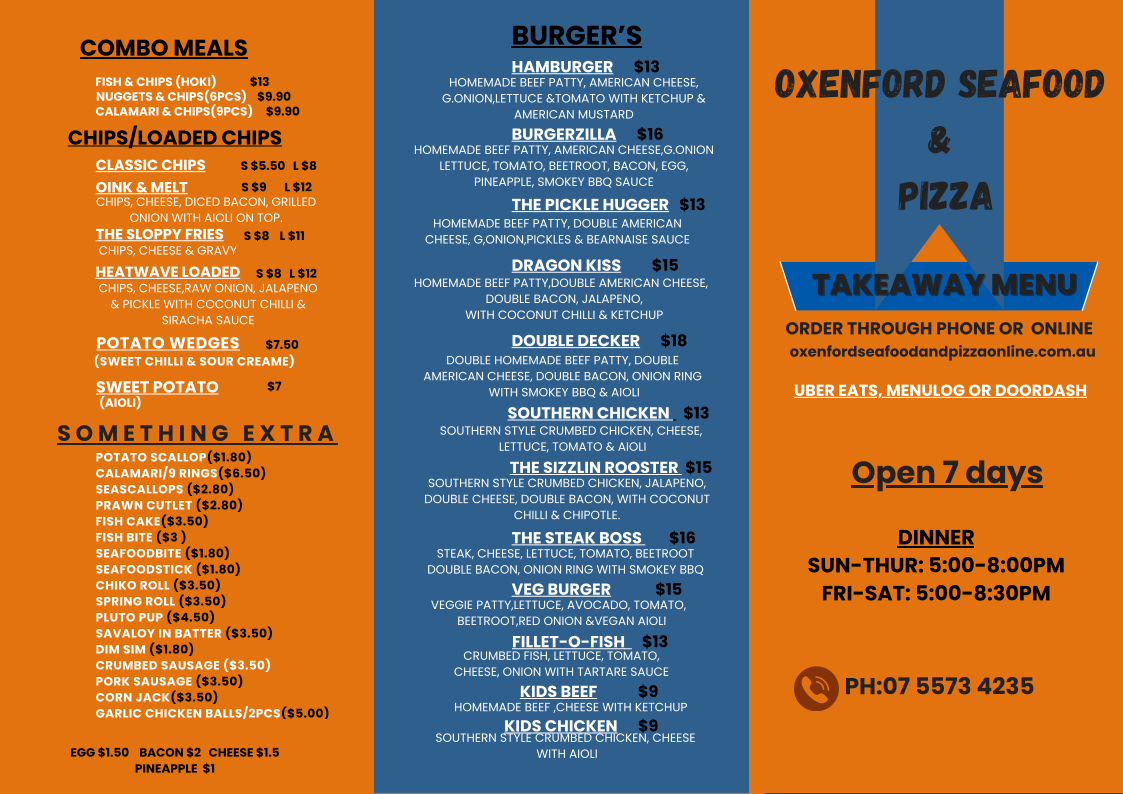 Menu, Oxenford Seafood & Pizza