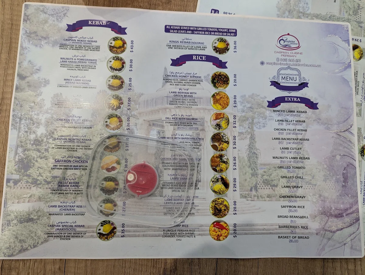 Menu, Caspian restaurant