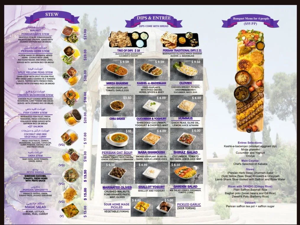 Menu, Caspian restaurant