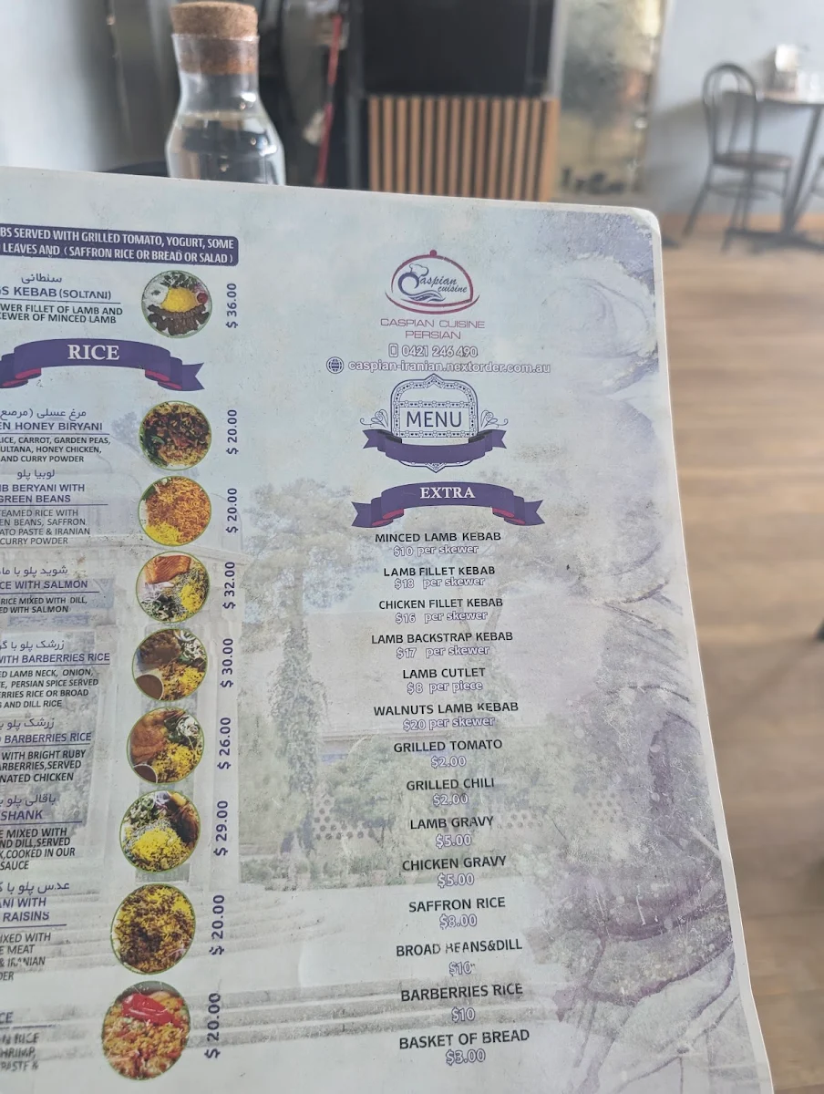 Menu, Caspian restaurant