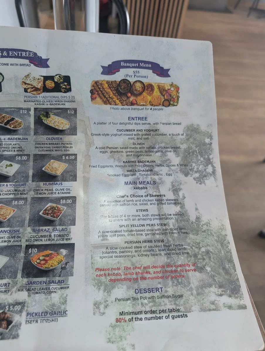 Menu, Caspian restaurant