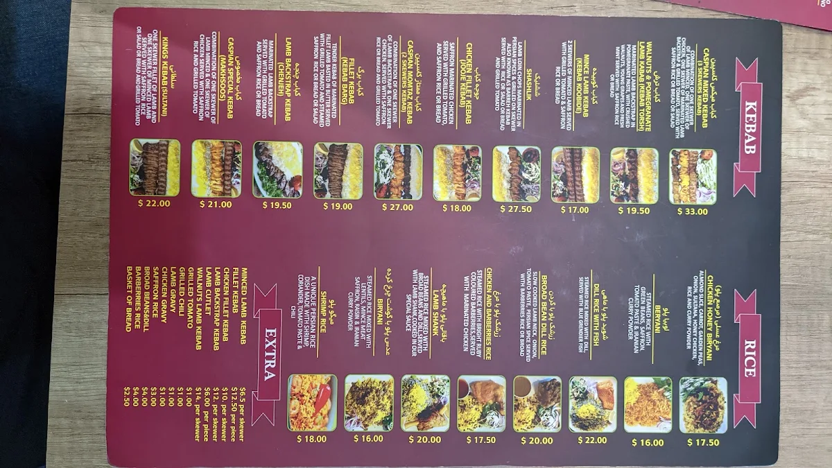 Menu, Caspian restaurant
