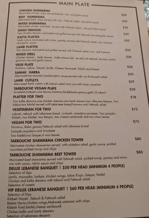 Menu, Tarbouche Mezza Bar