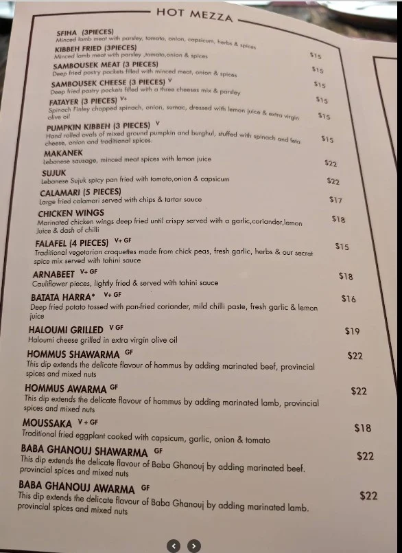 Menu, Tarbouche Mezza Bar