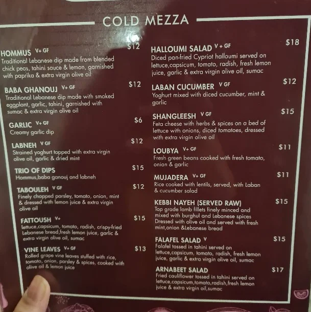 Menu, Tarbouche Mezza Bar