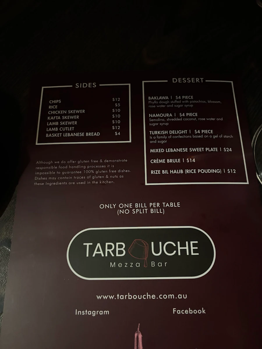 Menu, Tarbouche Mezza Bar