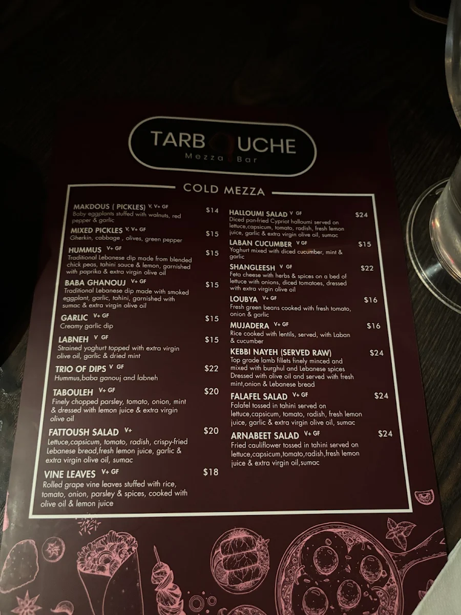 Menu, Tarbouche Mezza Bar