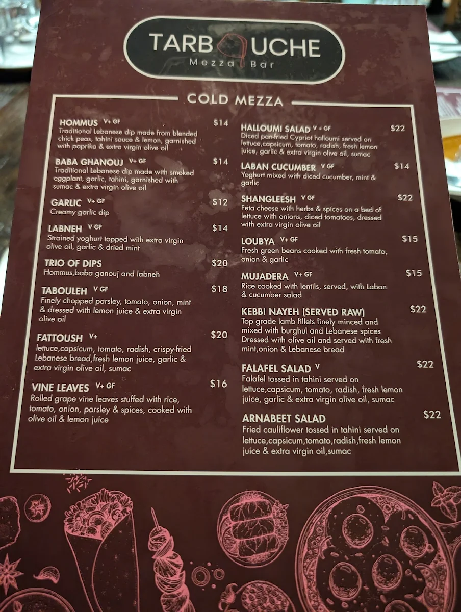Menu, Tarbouche Mezza Bar